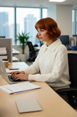 Kadınlar İçin Ekru Casual Gömlek Yaka Saç Örgü Desenli Regular Triko Kazak Sonbahar Kış Kaliteli