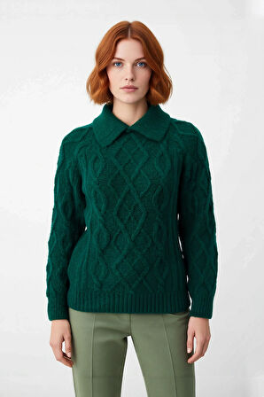 Kadınlar İçin Ekru Casual Gömlek Yaka Saç Örgü Desenli Regular Triko Kazak Sonbahar Kış Kaliteli