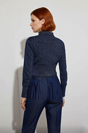 Kadın Regular Kalıp Uzun Kollu Polo Yaka Simli Triko Kazak Gündüz ve Gece Kombinleri İçin İdeal