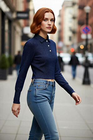 Kadın Regular Kalıp Uzun Kollu Polo Yaka Simli Triko Kazak Gündüz ve Gece Kombinleri İçin İdeal