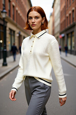 Kadınlara Özel Polo Yaka Düşük Kol Regular Kesim Ekru Triko Kazak Kışlık Kombinlerin Vazgeçilmezi