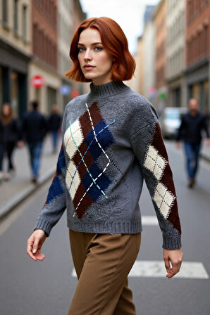 Kadın Dik Yaka Baklava Desenli Oversize Triko Kazak Düşük Kol Rahatlığıyla Kışlık Stil Sunar