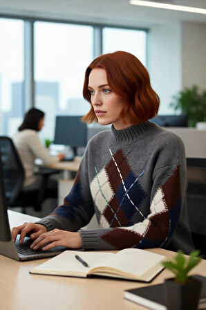 Kadın Dik Yaka Baklava Desenli Oversize Triko Kazak Düşük Kol Rahatlığıyla Kışlık Stil Sunar