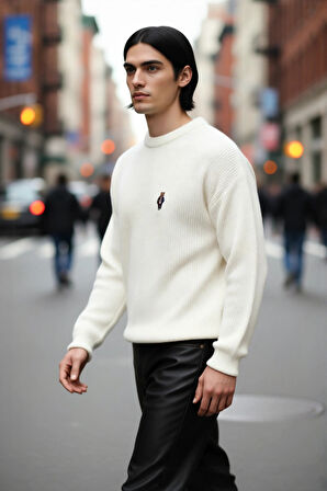 Erkek Oversize Geniş Kesim Bisiklet Yaka Ayı Nakışlı Selanik Dokuma Uzun Kol Kazak Kaliteli