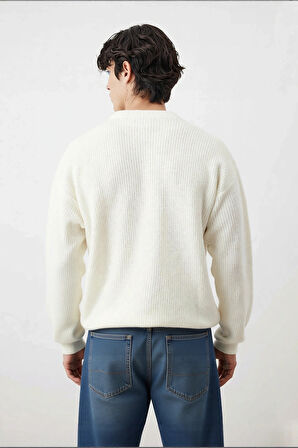 Erkek Oversize Geniş Kesim Bisiklet Yaka Ayı Nakışlı Selanik Dokuma Uzun Kol Kazak Kaliteli