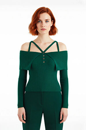 Kadın Şık Carmen Yaka Uzun Kollu Fitted Kesim Fitilli Triko Kazak İlkbahar Sonbahar Stili İçin İdeal