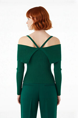 Kadın Şık Carmen Yaka Uzun Kollu Fitted Kesim Fitilli Triko Kazak İlkbahar Sonbahar Stili İçin İdeal