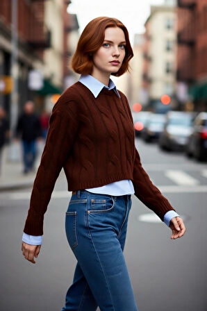 Genç Kadın Casual Tarz Triko Kazak Regular Kalıp Saç Örgü Desenli Kışlık Düşük Kol Detaylı