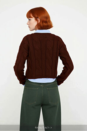 Genç Kadın Casual Tarz Triko Kazak Regular Kalıp Saç Örgü Desenli Kışlık Düşük Kol Detaylı