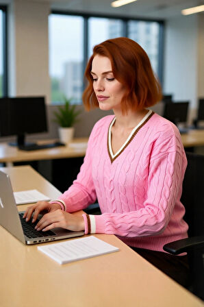 Kadın Bordo Rengi Saç Örgü Desenli V Yaka Triko Kazak Düşük Kol Rahatlık Sunan Sonbahar Kış