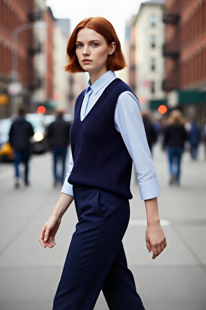 Kadınlara Özel V Yaka Relaxed Kesim Uzun Kollu Çizgili Gömlek Görünümlü Triko Kazak Sonbahar