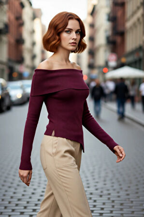 Kadın Fitted Carmen Yaka Düz İnce Triko Bluz Uzun Standart Kol Şık Tasarım Günlük Ve Gece Kombinleri