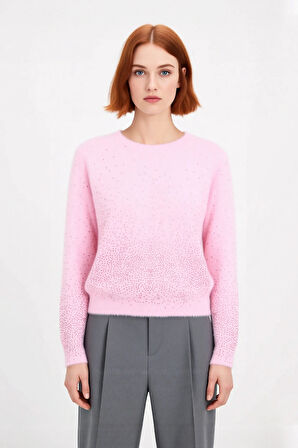 Bayan Pembe Işıltılı Taş Detaylı Yumuşak Triko Kazak Bisiklet Yaka Rahat Ve Modern Tasarım