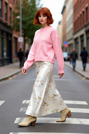 Kadın Kahverengi Oversize Triko Kazak Bisiklet Yaka Düşük Kol Tasarımı Kış Günleri İçin İdealdir