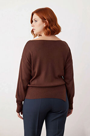 Kadın Düz Asimetrik Kesim Kayık Yaka Rahat Triko Kazak Kış Sonbahar Günlük Kombinlerinize Uyumlu