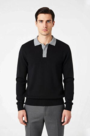 Erkek Polo Yaka Renk Bloklu Triko Kazak Regular Kalıp Uzun Kol Soğuk Havalar İçin Modern Stil