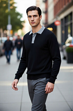 Erkek Polo Yaka Renk Bloklu Triko Kazak Regular Kalıp Uzun Kol Soğuk Havalar İçin Modern Stil