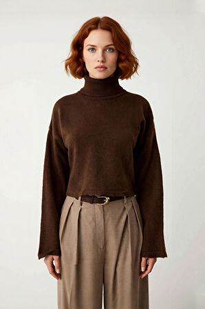 Kadınlara Özel Geniş Kalıp Balıkçı Yaka Triko Kazak Düşük Kol Süper Crop Kışlık Günlük Şıklık