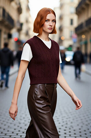 Kadınlara Özel Regular Kalıp V Yaka Saç Örgü Desenli Crop Kolsuz Triko Süveter Şıklığı Kaliteli