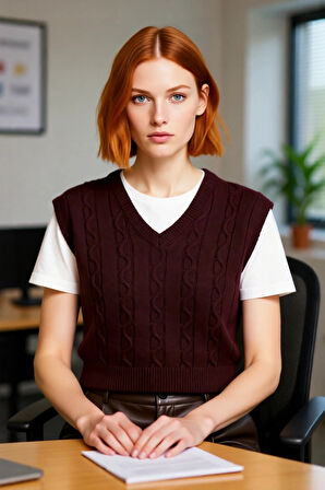 Kadınlara Özel Regular Kalıp V Yaka Saç Örgü Desenli Crop Kolsuz Triko Süveter Şıklığı Kaliteli