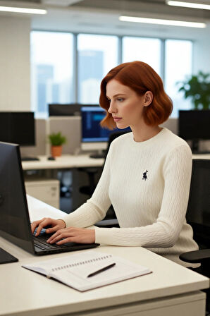 Kadın Saç Örgü Desenli Regular Kalıp Bisiklet Yaka Akrilik Triko Kazak At Nakış Detaylı Kaliteli