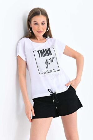 Taşlı ve Baskılı Siyah Şortlu Beyaz Kadın Eşofman