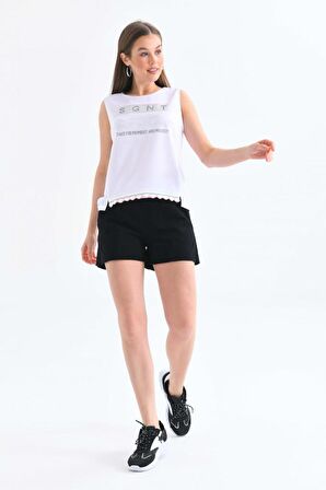 Bisiklet Yaka Baskı ve Taşlı Siyah Şortlu Beyaz Kadın Eşofman