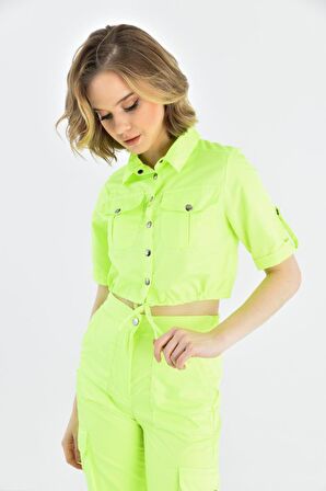 Gömlek Yaka Kargo Pantolonlu Neon Yeşil Alt Üst Kadın Eşofman Takım