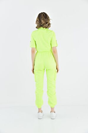 Gömlek Yaka Kargo Pantolonlu Neon Yeşil Alt Üst Kadın Eşofman Takım