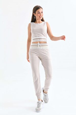 Bisiklet Yaka File Detaylı Kolsuz Bej Kadın Eşofman