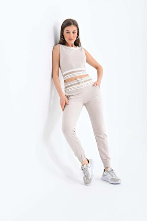 Bisiklet Yaka File Detaylı Kolsuz Bej Kadın Eşofman