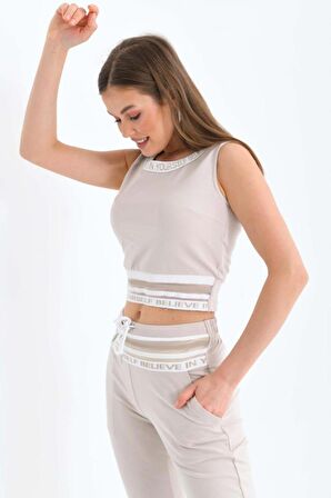 Bisiklet Yaka File Detaylı Kolsuz Bej Kadın Eşofman