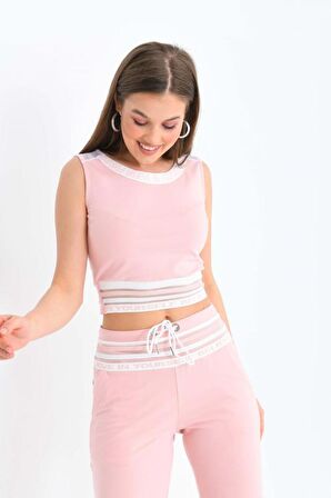 Bisiklet Yaka File Detaylı Kolsuz Pudra Kadın Eşofman