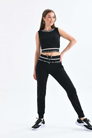 Bisiklet Yaka File Detaylı Kolsuz Siyah Kadın Eşofman