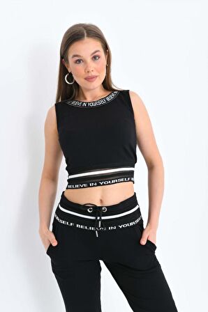 Bisiklet Yaka File Detaylı Kolsuz Siyah Kadın Eşofman