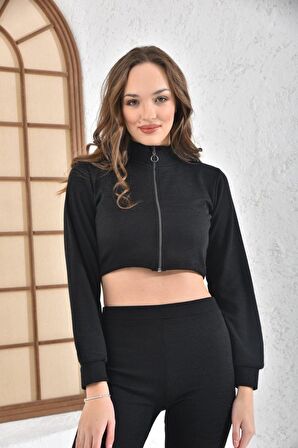 Balıkçı Yaka Fermuarlı Geniş Paça Kaşkorse Siyah Kadın Eşofman Takım