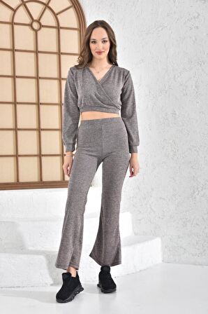 Bağcıklı V Yaka Geniş Paça Vizon Kaşkorse Kadın Eşofman Takım