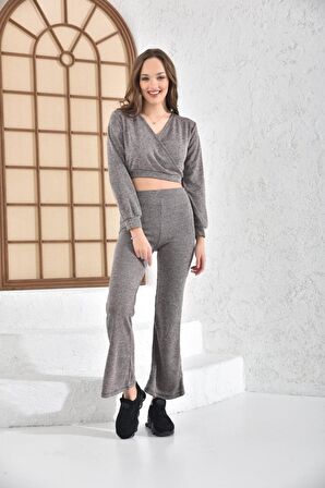 Bağcıklı V Yaka Geniş Paça Vizon Kaşkorse Kadın Eşofman Takım