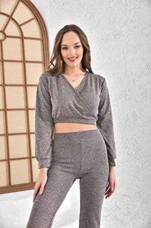 Bağcıklı V Yaka Geniş Paça Vizon Kaşkorse Kadın Eşofman Takım