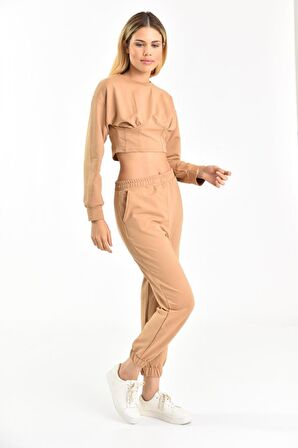Belden Lastikli Uzun Kollu Şardonlu Bej Kadın Eşofman Takım