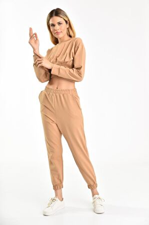Belden Lastikli Uzun Kollu Şardonlu Bej Kadın Eşofman Takım