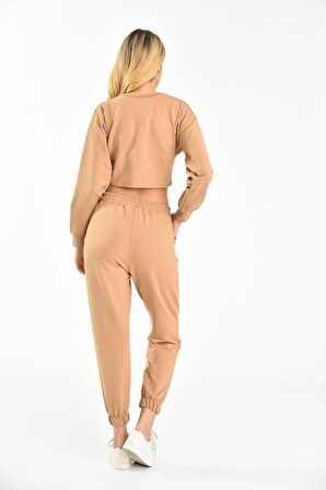 Belden Lastikli Uzun Kollu Şardonlu Bej Kadın Eşofman Takım
