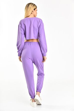 Belden Lastikli Uzun Kollu Şardonlu Lila Kadın Eşofman Takım