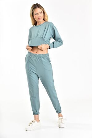 Belden Lastikli Uzun Kollu Şardonlu Mint Kadın Eşofman Takım