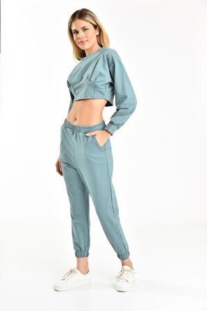 Belden Lastikli Uzun Kollu Şardonlu Mint Kadın Eşofman Takım