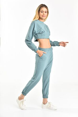 Belden Lastikli Uzun Kollu Şardonlu Mint Kadın Eşofman Takım