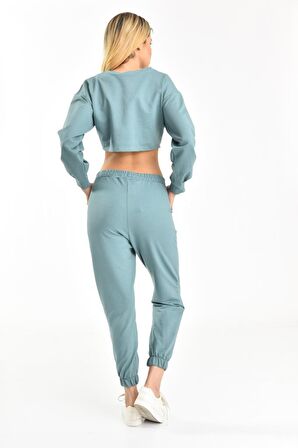 Belden Lastikli Uzun Kollu Şardonlu Mint Kadın Eşofman Takım