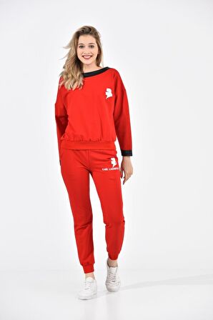 Kayık Deri Yakalı Baskılı Kırmızı Kadın Eşofman Takım