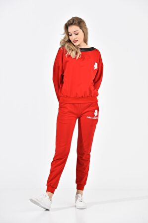 Kayık Deri Yakalı Baskılı Kırmızı Kadın Eşofman Takım