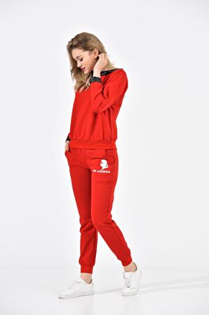 Kayık Deri Yakalı Baskılı Kırmızı Kadın Eşofman Takım